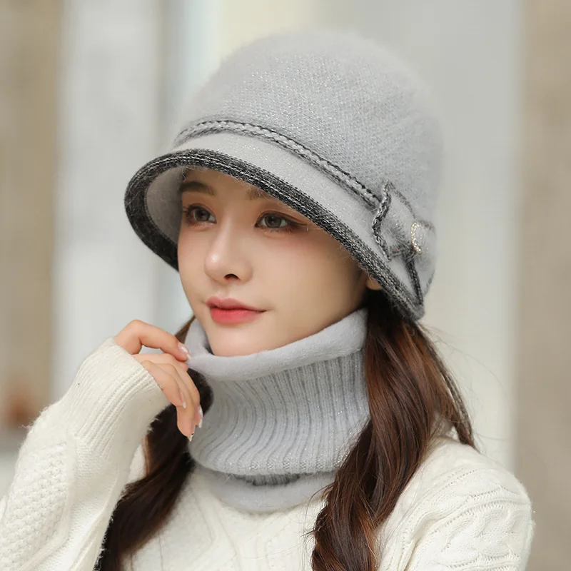 أزياء المرأة فيدوراس الماس القوس القبعات الدافئة أنيقة الصوف وسميكة الأم قبعات منديل قطعتين مجموعة لخريف شتاء