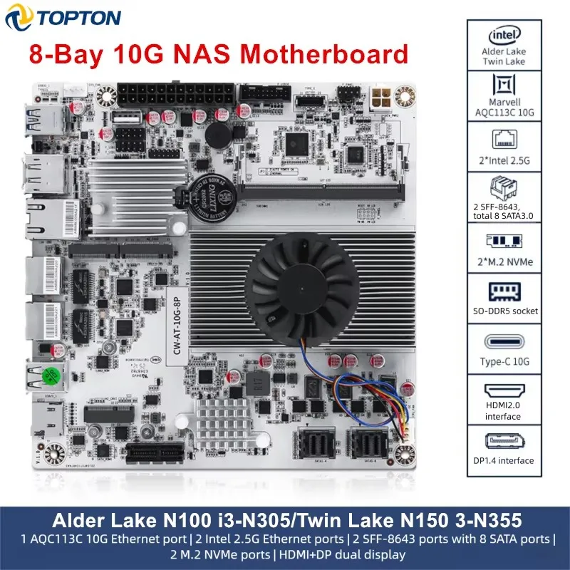 8-Bay 10G NAS اللوحة الأم Intel i3-N355 N350 N305 N150 2 * NVMe 1*10G 2*2.5G LANs 2 * SFF-8643 إلى 8 * SATA PCIex1 اللوحة الرئيسية لجدار الحماية #4