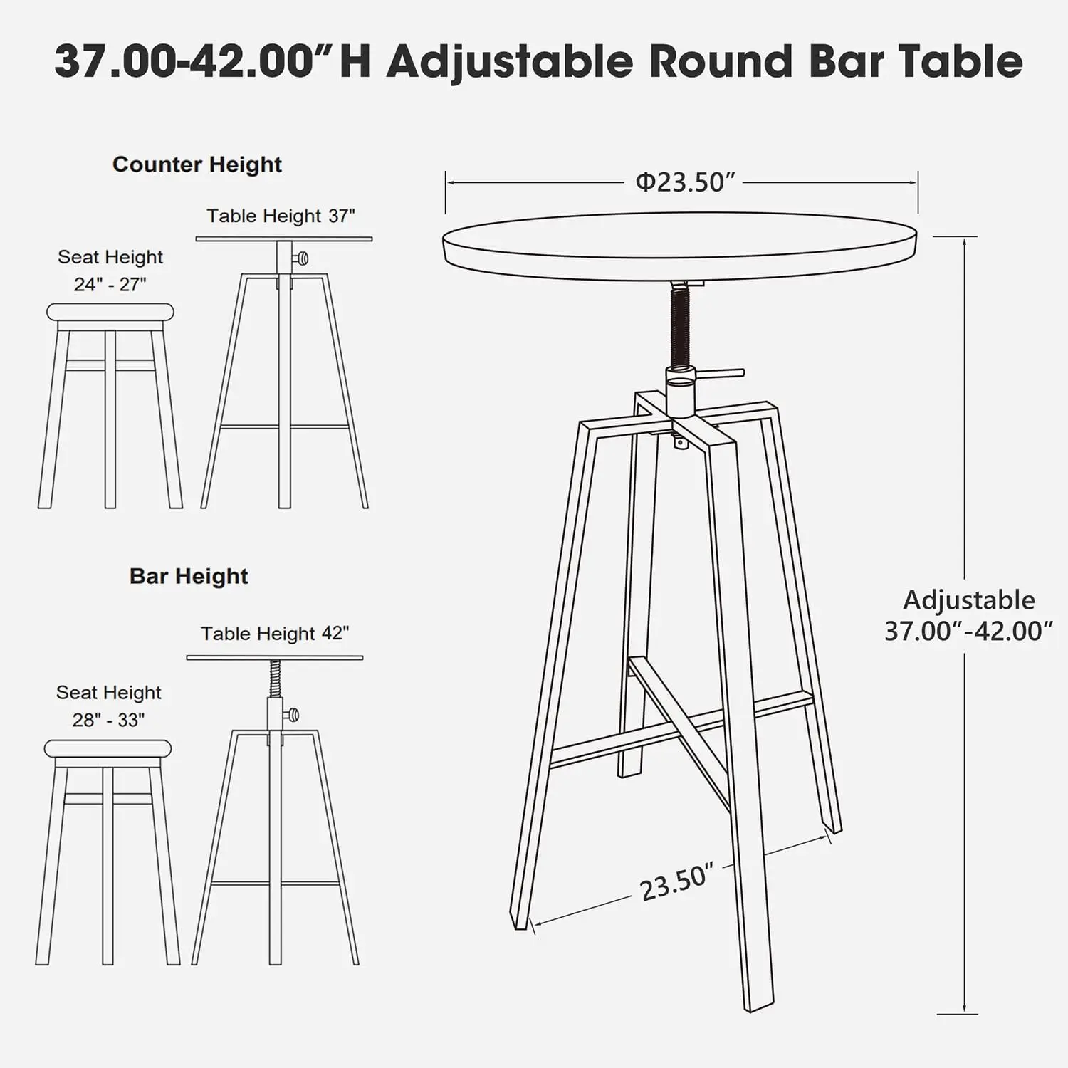 Meja Pub Bulat Tinggi Dapat Disesuaikan, Meja Bar H 37.00-42.00" dengan Bagian Atas Veneer Ek Hitam dan Alas Baja Hitam untuk Makan Bistro Caf
