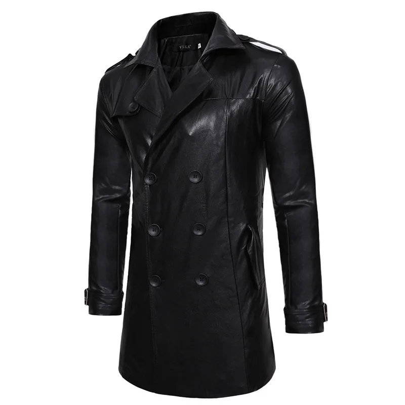 New Autumn and Winter Double Breasted Large Lapel Men's Casual Slim Fit Long Leather Trench Coat