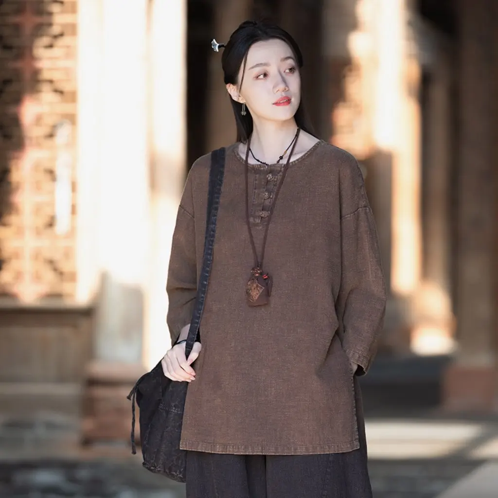 

Women's Vintage Chinese Style Cotton Linen round Neck Button up Shirt Zen Meditation Top Big T-Shirt New Style