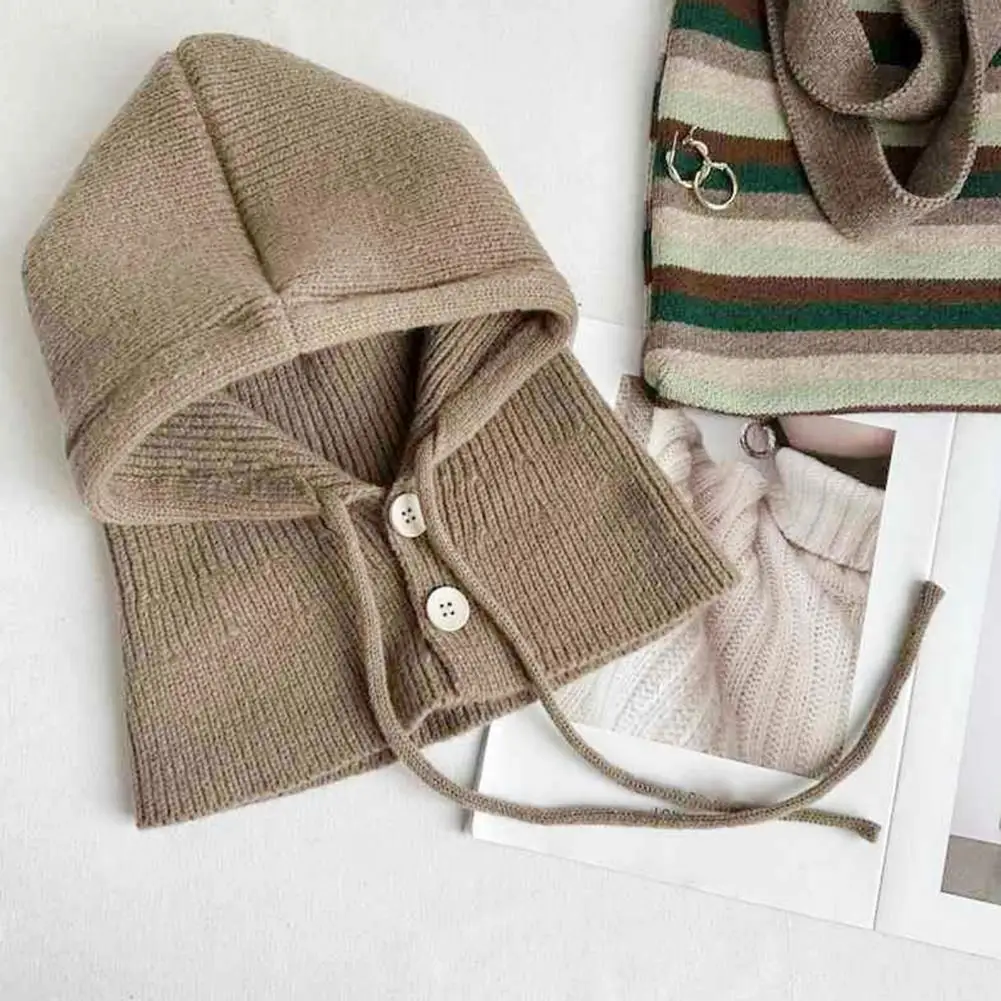 Knitted Winter Hat Knitting Hat with Buttons Closure Drawstring Hooded Scarf for Women Winter Warm Windproof Thermal Elastic