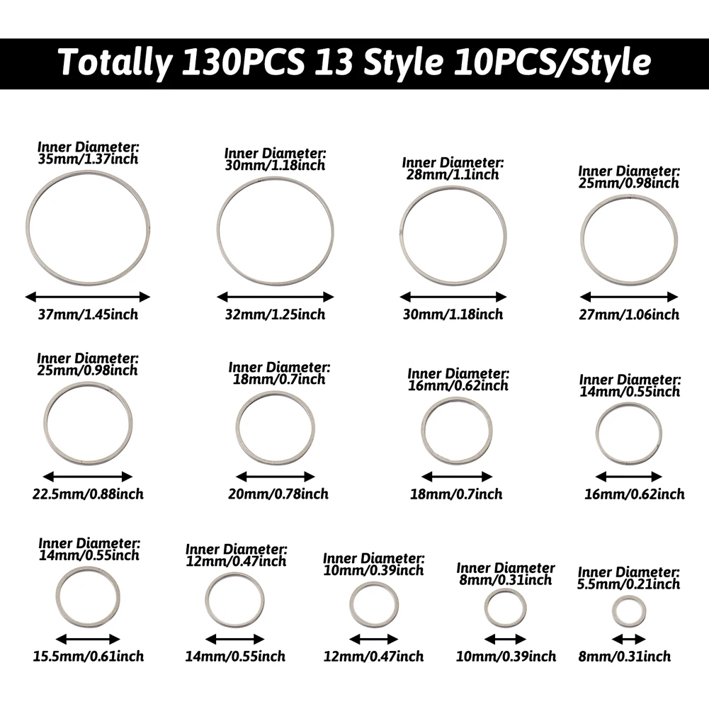 130Pcs 8mm-37mm 304 Stainless Steel Linking Ring Round Ring Circle Hoop Connectors Earring Charm Frame For DIY Jewelry Making