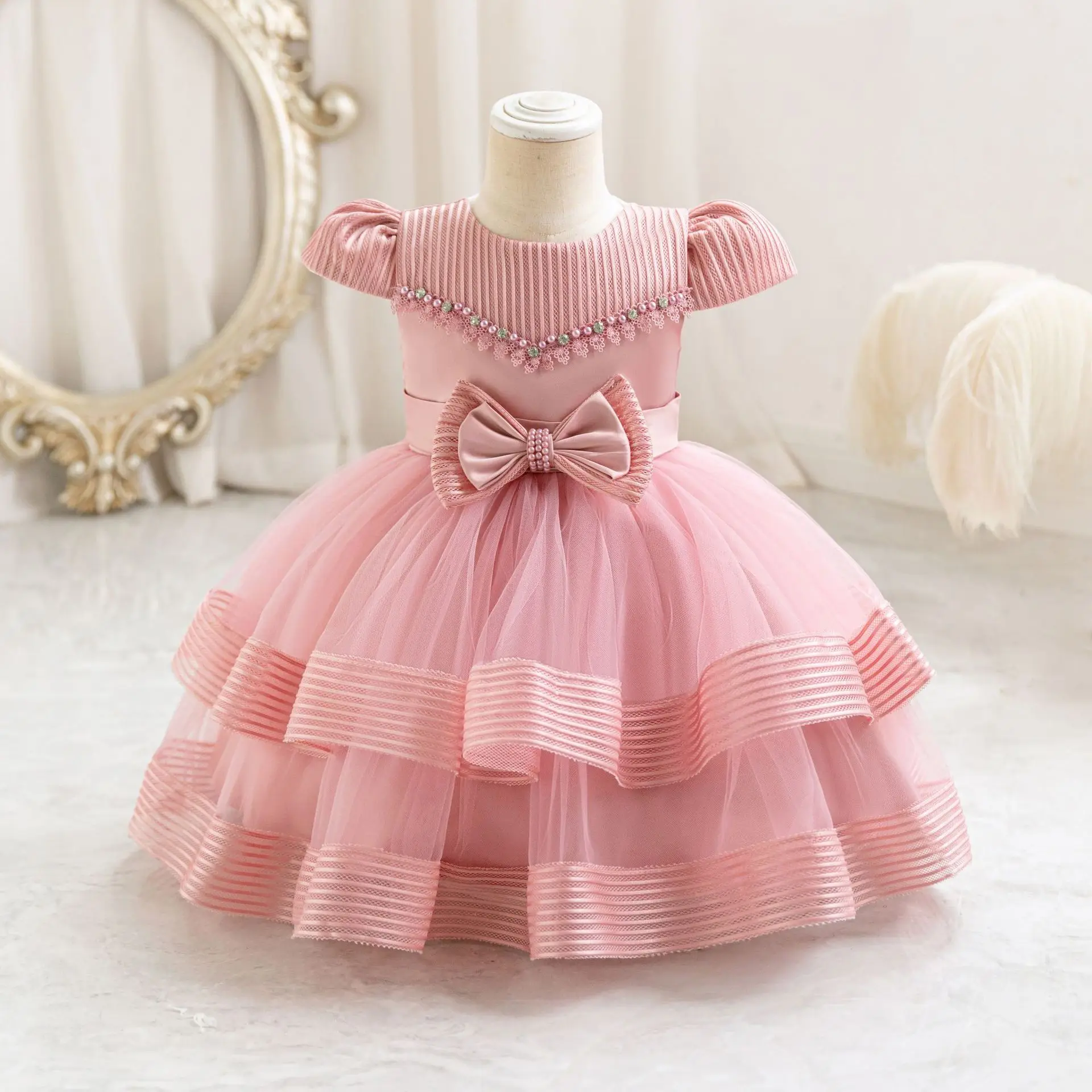 HETISO Striped Girls Wedding Party Dresses Baby Christams Holiday Layered Gown Toddler Kids Beading Clothes 6M-4 Years image 3