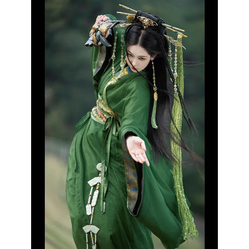 

2026 new green Warring States robe Hanfu women's ancient clothing straight train ancient style cold spring and summer