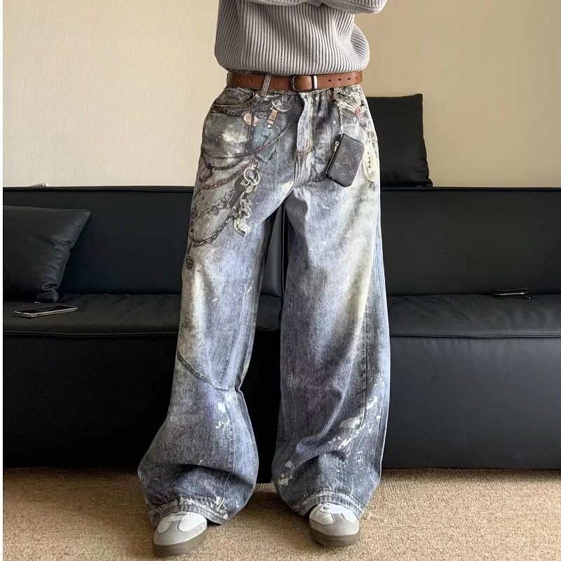 

American Heavyweight Chain Decoration Splaed Ink 3D Print Jeans Loose Dad Long Pants Wear Resistant Straight Leg Trousers