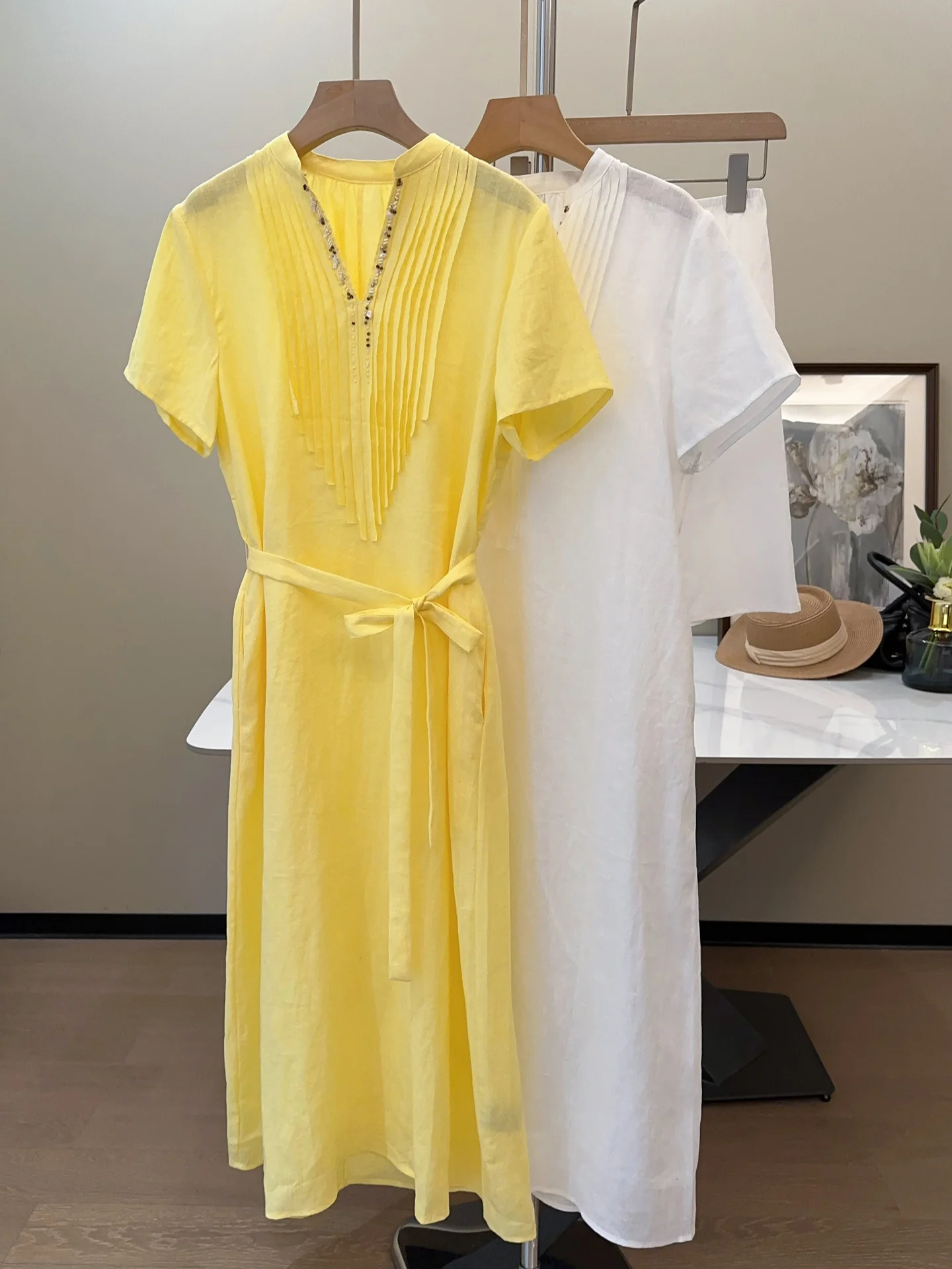 

Casual Pure Artistic Linen Dress Summer New Style Elegant Long Dress Holiday Feel Loose Fit V-Neck Short Sleeve Breathable Sk...