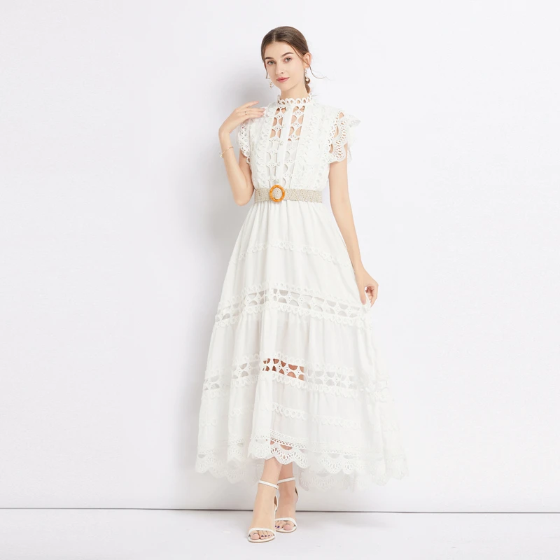 Runway Crochet Hollow Out Midi Lace Dress per le donne 2024 Summer senza maniche ricamo Party Dress elegante Holiday Robe