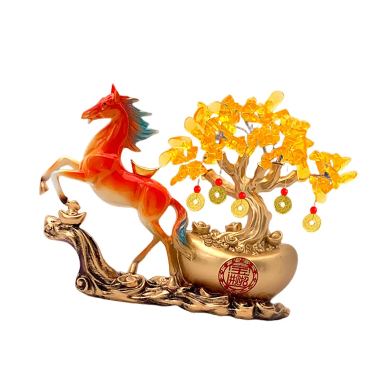 Resin Money Tree Horse Sculpture Feng Shui Gold Statue Collectible Ornament for Buddha Home Decoration