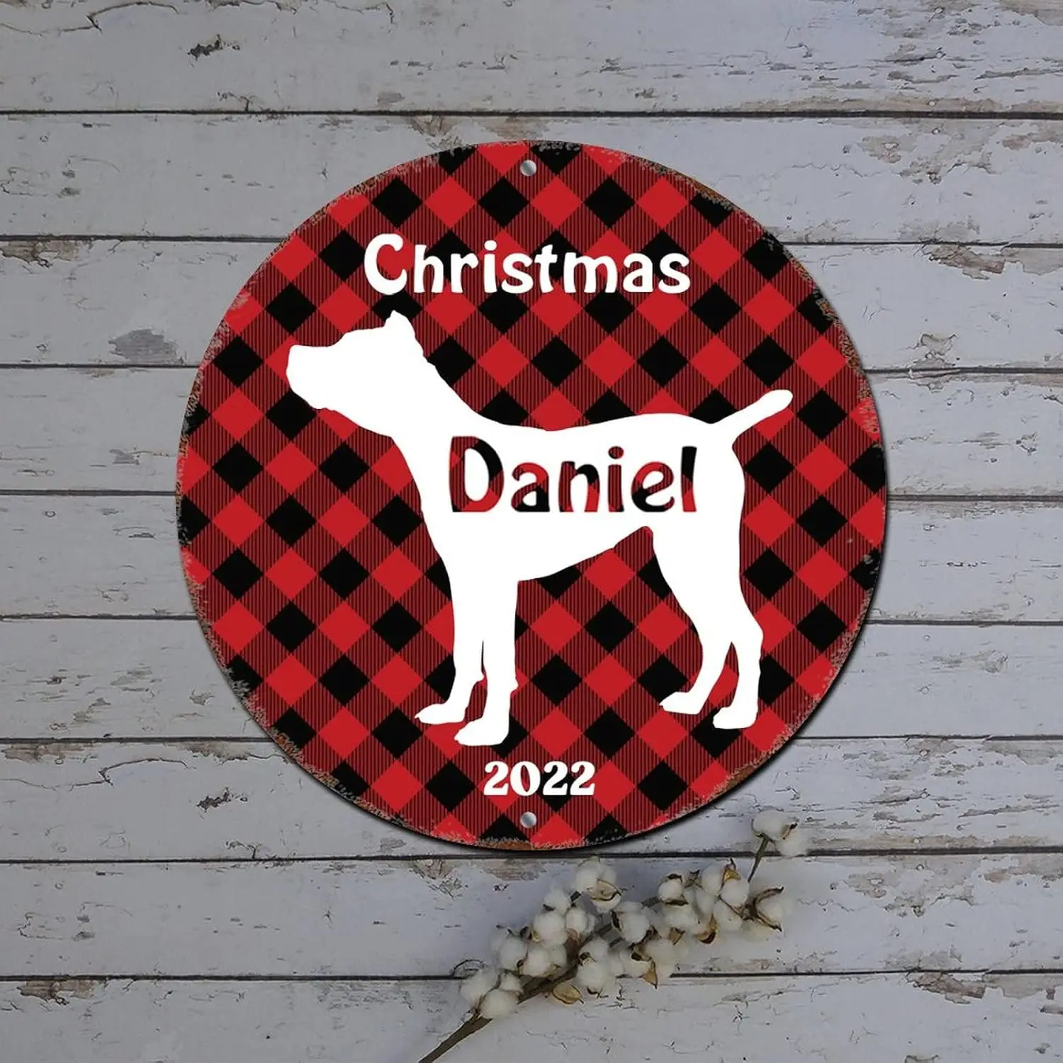 Metal Merry Christmas Sign Custom Dog Name Buffalo Plaid Dog Lover Round Metal Tin Sign Christmas Hanging Decor Vintage Aluminum