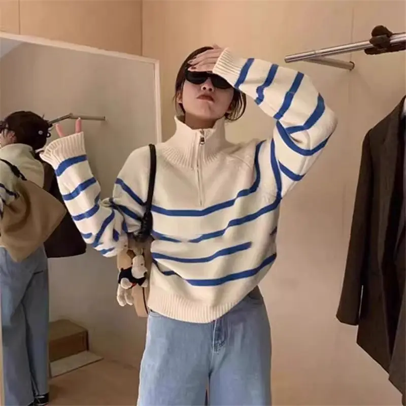 Casual sle outono lã camisola de malha solta zíper gola listrado macio aconchegante camisola pulôver de tartaruga feminina