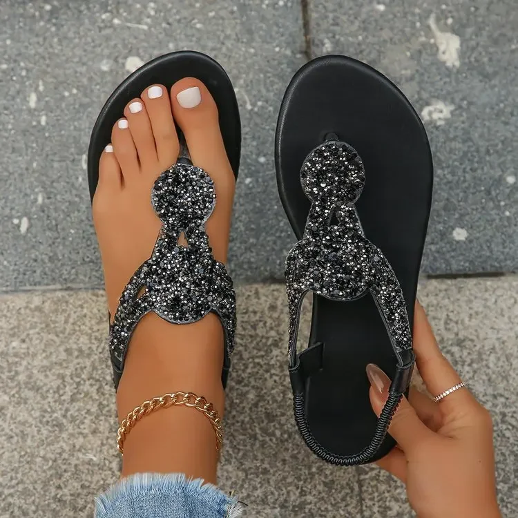 Luxury Women Sandals 2024 Summer Fashion Rhinestones Women Slippers Outdoor Beach Flats Women Casual Clip Toe Sandalias De Mujer image 3
