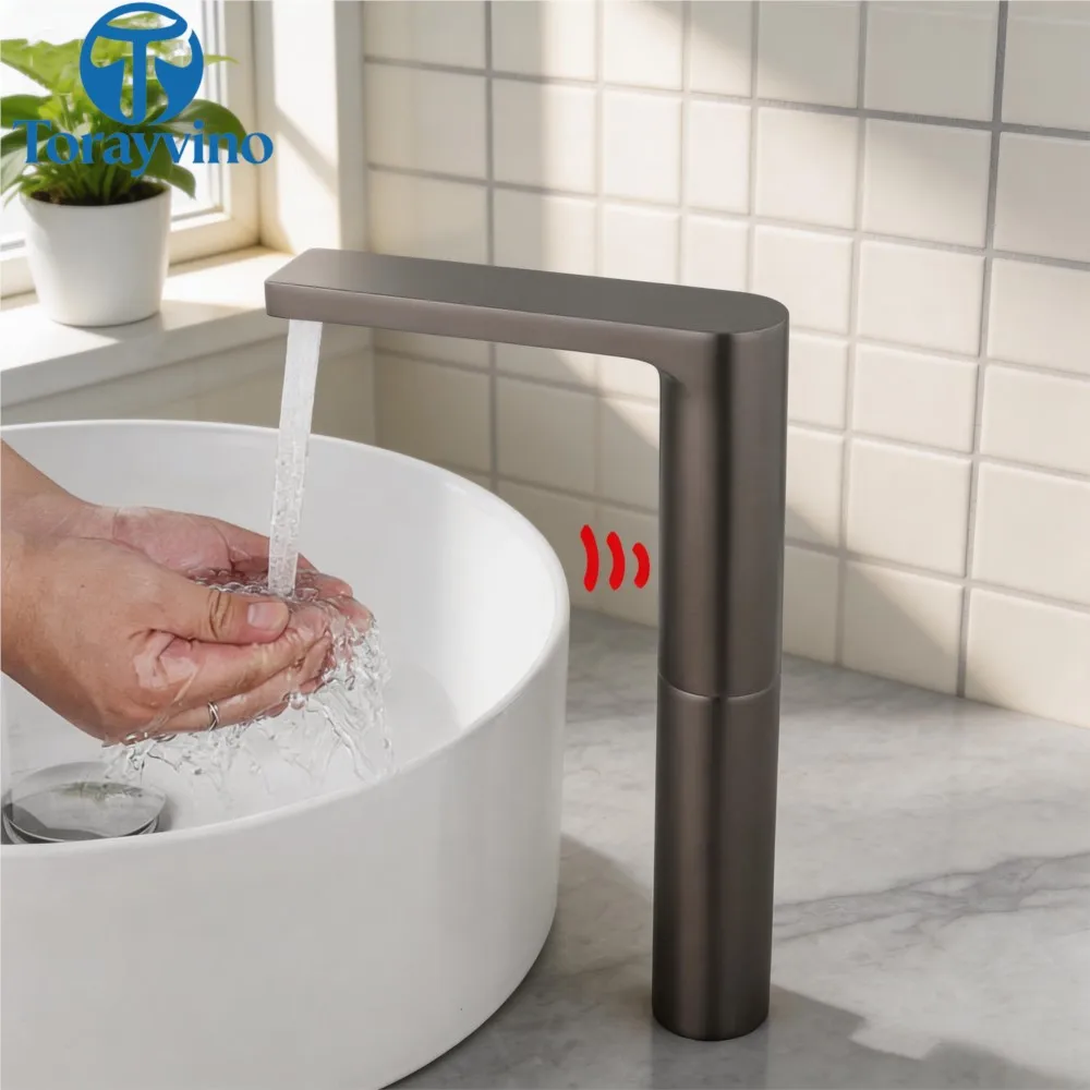 Torayvino Automatic Sensor Faucet Bathroom Basin Deck Mounted Stream Brushed Gun Grey Touch Free With Hot Cold Water Mixer Taps