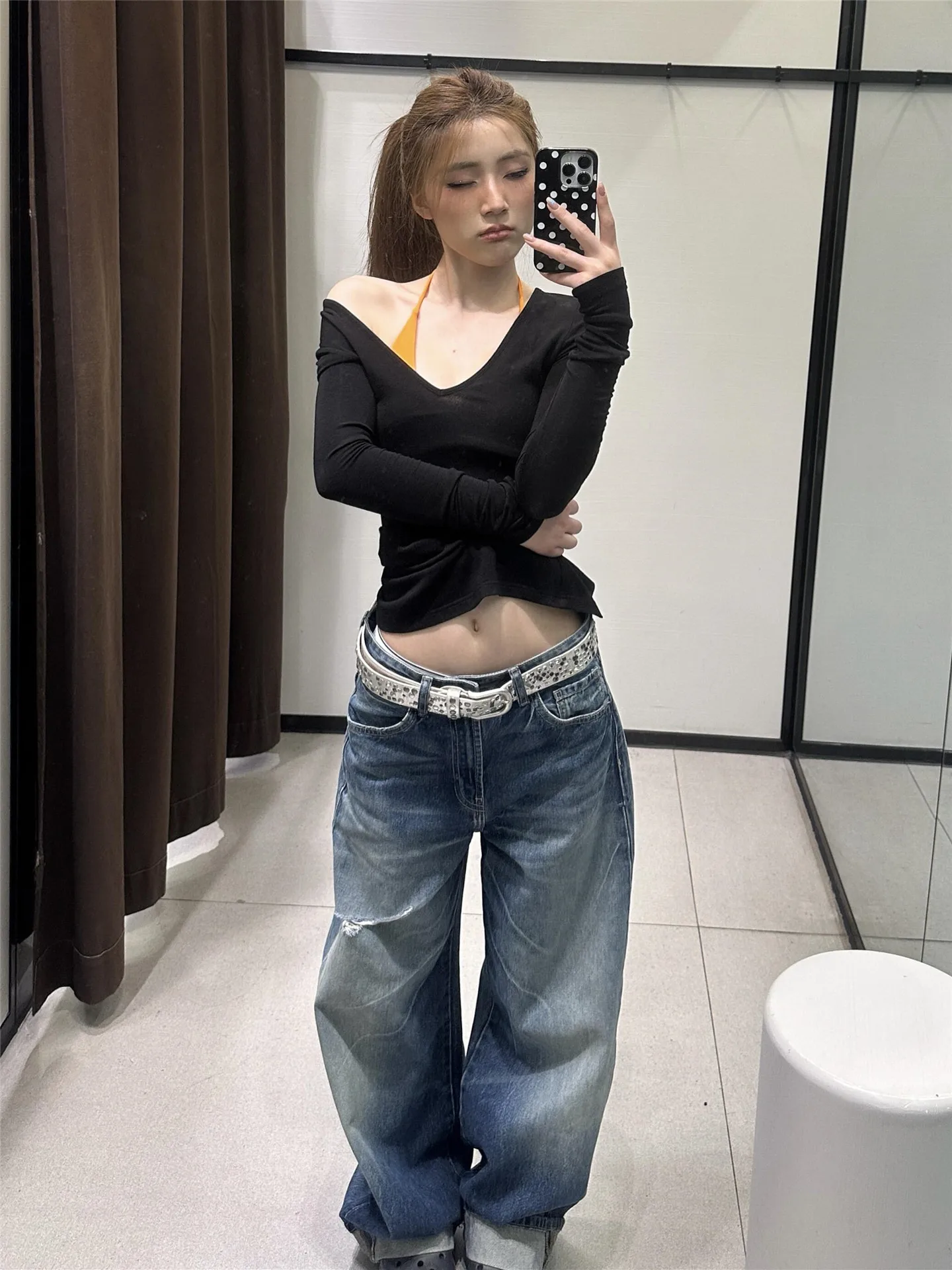 

Retro American Spicy Blue Hole Wide Leg Denim Jeans Women Loose Slim Cuffed Straight Tube Floor-Length Pants