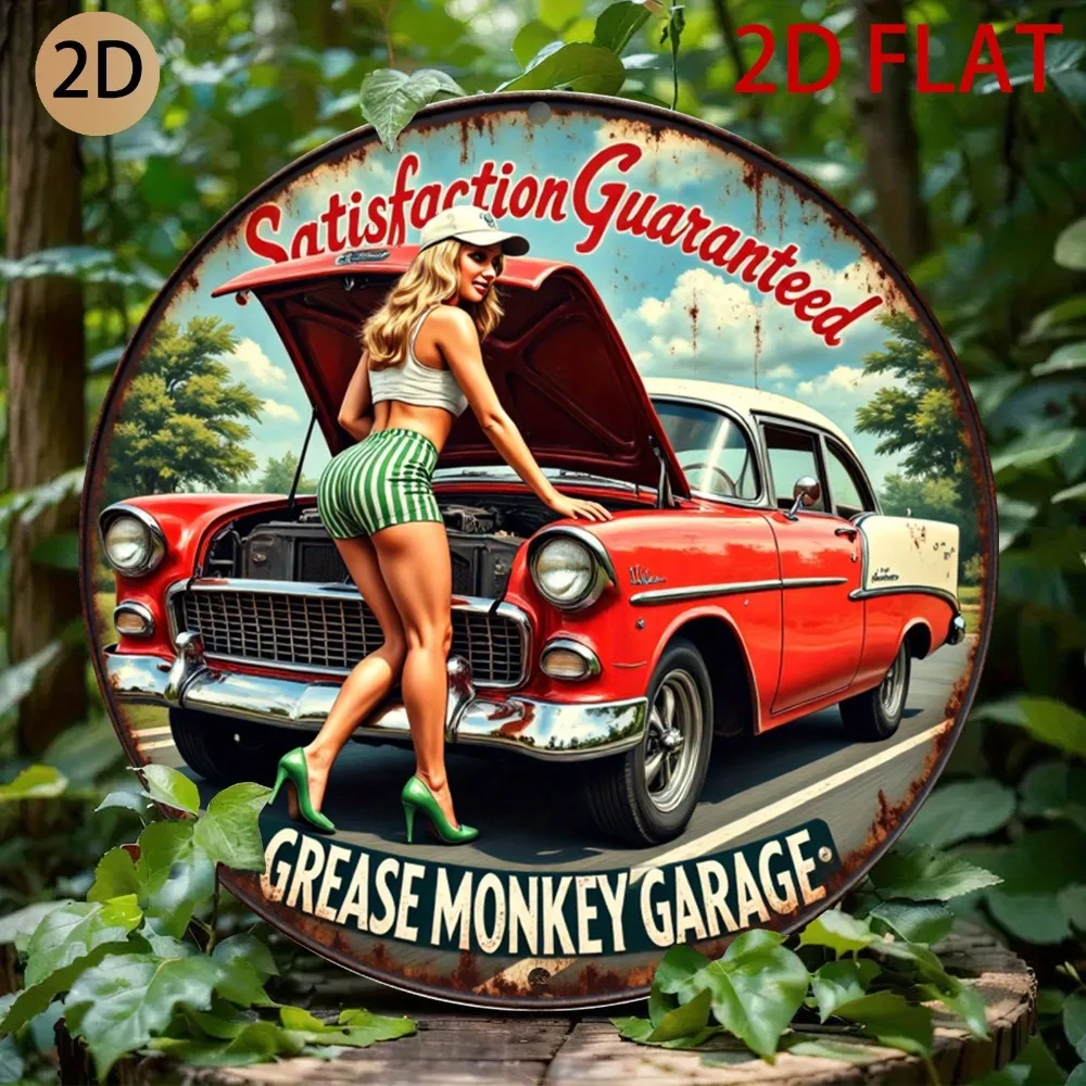 Tin Sign - Vintage Durable Metal Plaque Wall Decor, Grease Monkey Garage Pin Up Girl Classic Red Car Auto Shop Sign Home Office