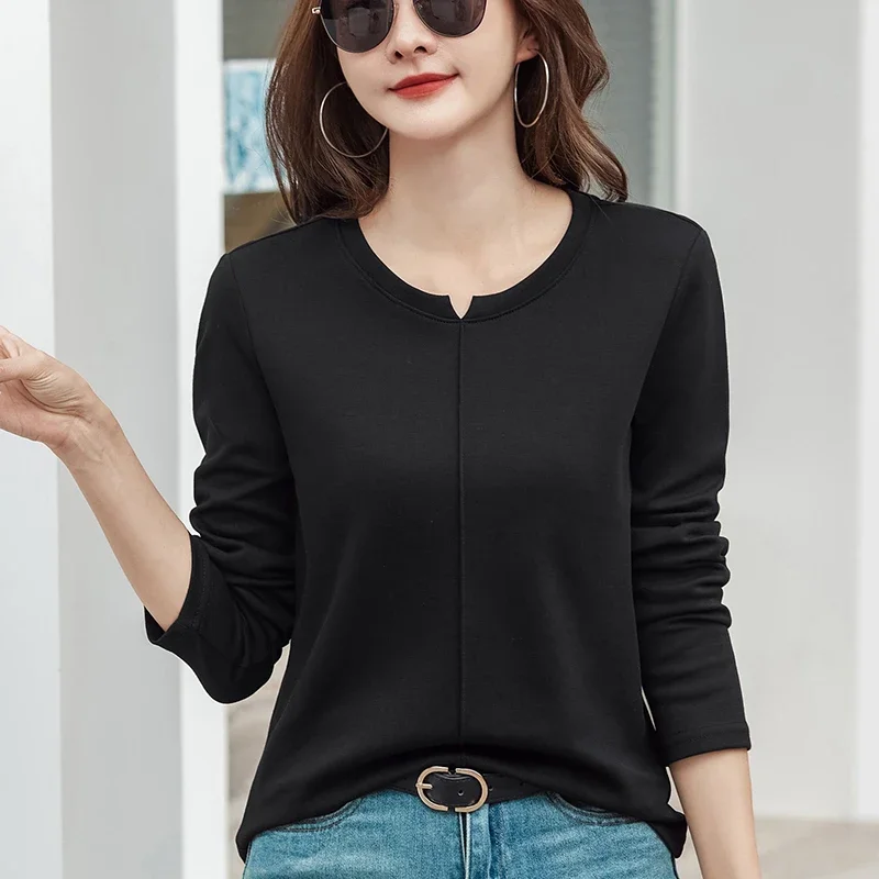 Women Notch V Neck Regular Shoulder Long Sleeve T shirt Slim Fit Cotton Inner Base Top Chic Design For Spring Autumn