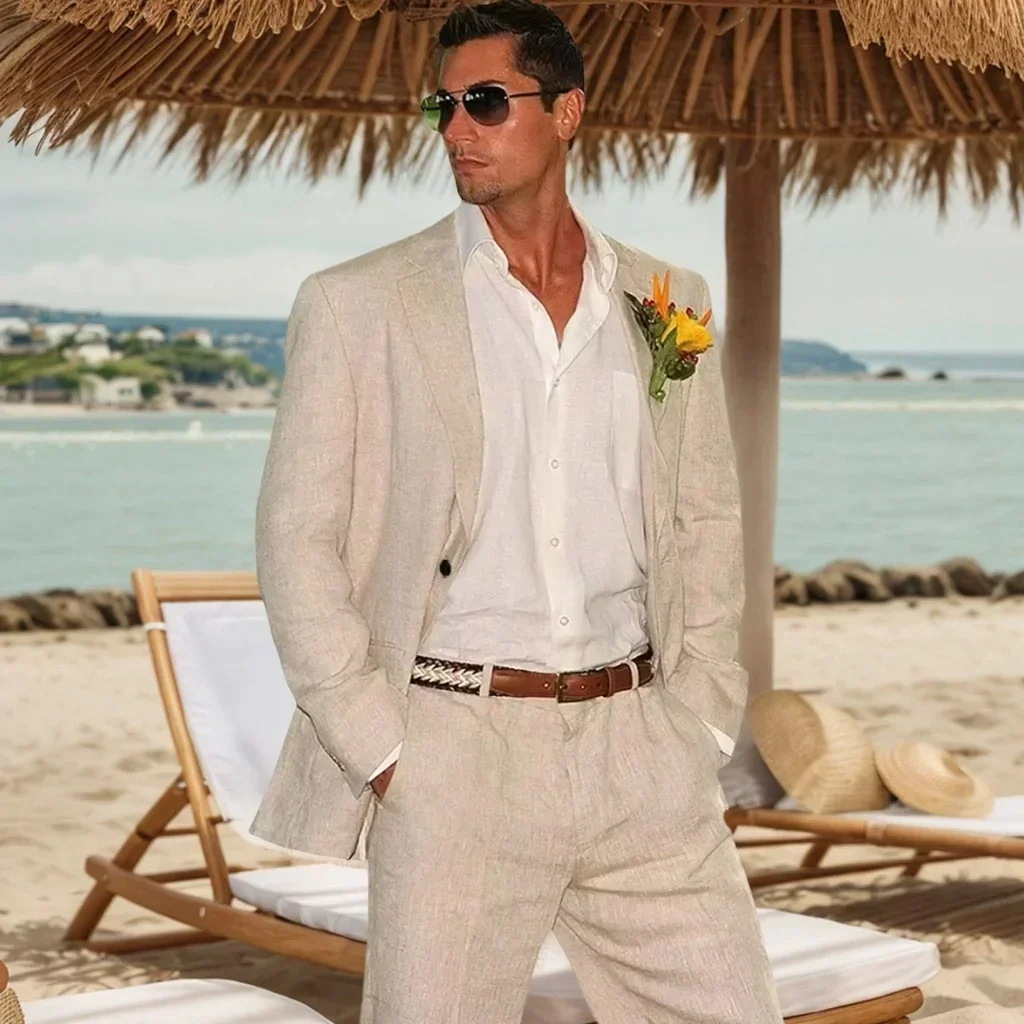 

Men's Slim Fit Linen Suit 2Piece Blazer Pant Set Regular Fit Casual Lightweight Summer Outfit for Beach Parties Wedding Business