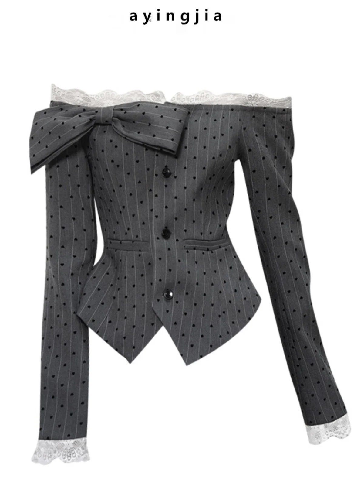 

Ретро-блузка с кружевными вставками и бантом, женская, в горошек, с завязками на талии, приталенная, сексуальный топ с длинным рукавом, на одно плечо, в горошек