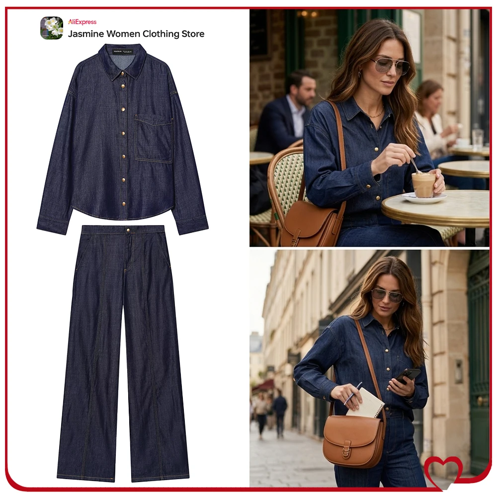 Stylish Oversized Denim Shirt Sets for Women Cowgirls Relaxtion Co-ord Sets Roomy Shirt Matching High Rise Jogger Wide Leg Jeans