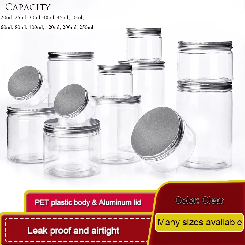 

5-10P Storage Jars Clear Aluminum Cap Empty Cosmetic Food Containers Travel Bottle Round Clear Plastic Jar Face Cream Sample Pot