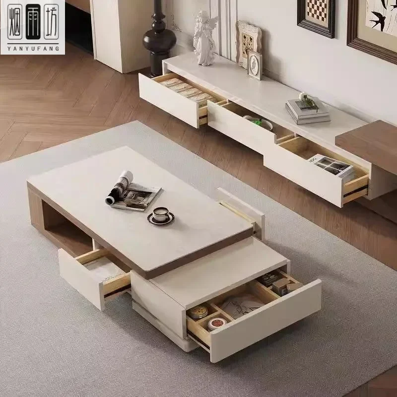for Cream wind TV cabinet Travertine rock slab retractable coffee table combination Household living room Walnut color