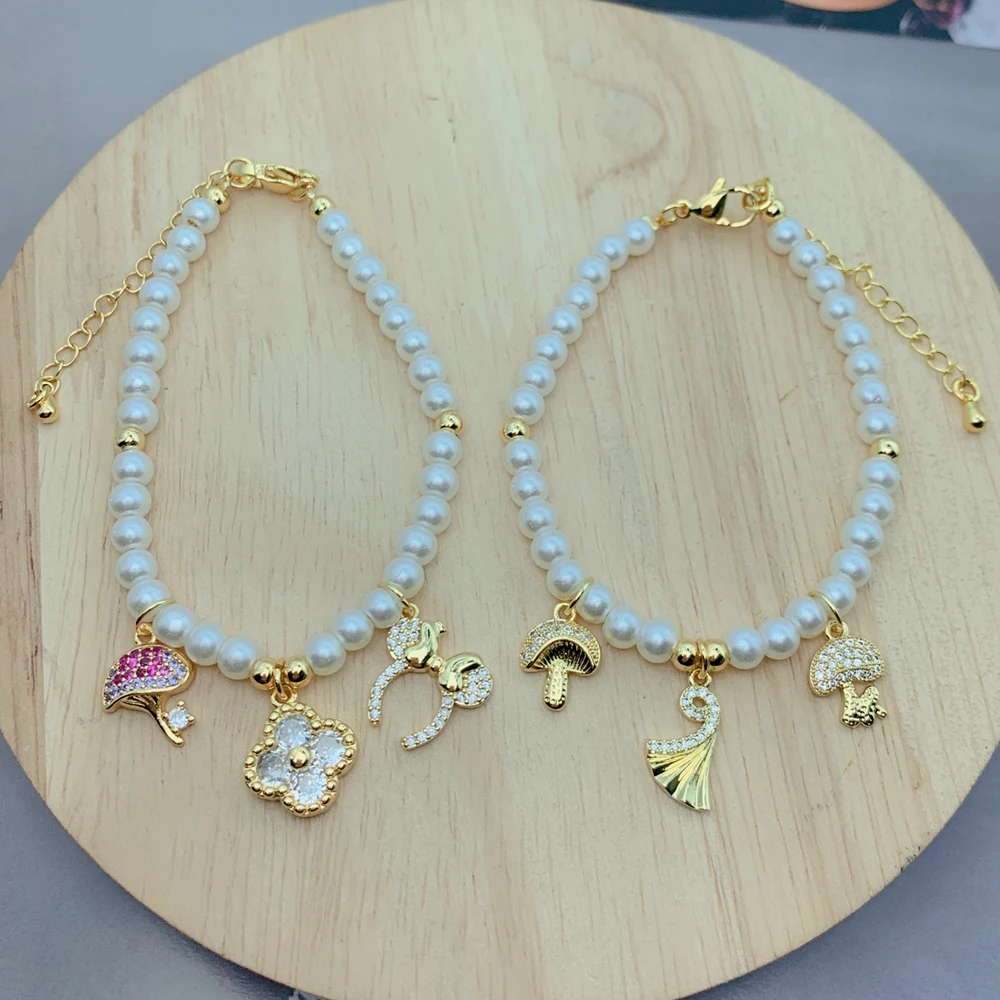 

Fashion Popular Zircon Mushroom Imitation Pearl Charm Bracelets For Women Elegant Fine Bracelet Party Jewelry Gifts