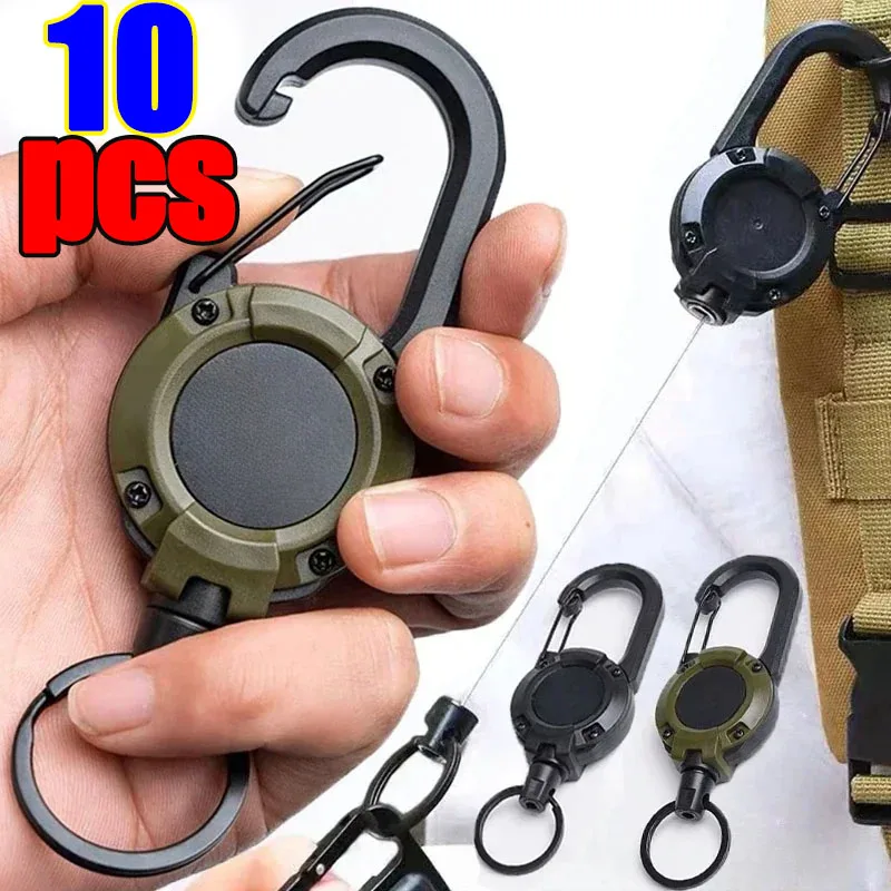 1/10pcs Heavy Duty Retractable Pull Badges ID Reel Carabiner Key Chain Steel Wire Rope Buckle Key Holder Outdoor Keychain Tools