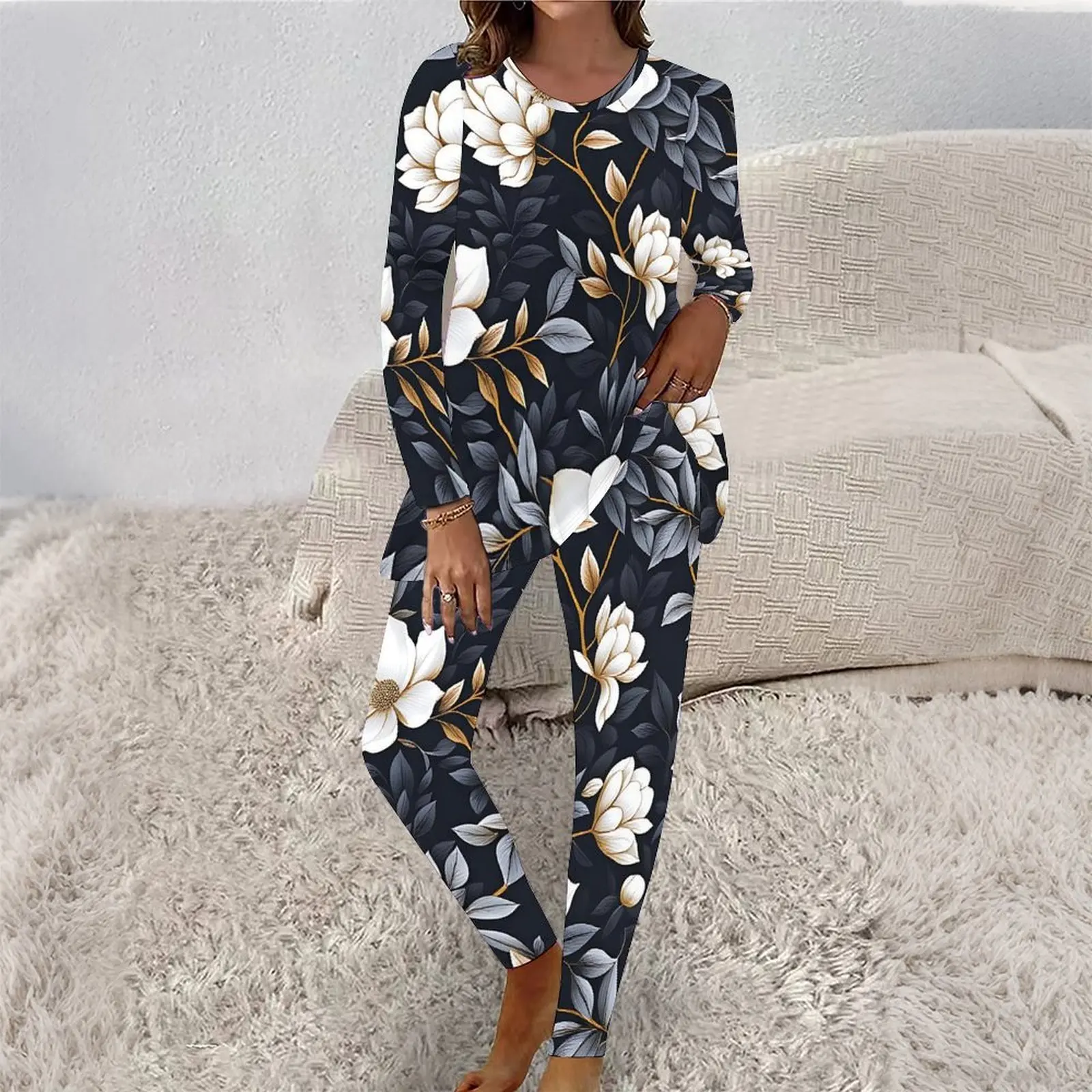 Fashion Tight Pants Elegant Two-piece Set Autumn Daily Long Pants Round-neck Retro Suit Winter Women's Printed Long-sleeved