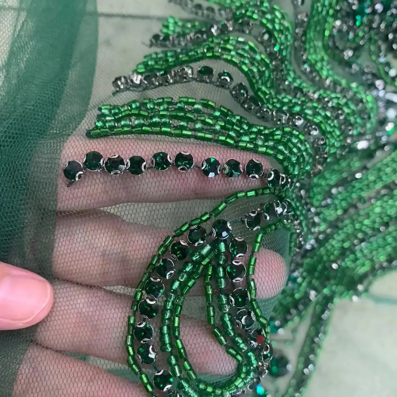 

35*55 cm Green Beads handmade French Embroidery Lady Cloth Accessory Applique Sawing Bridal Haute Couture Dress/ Fashion Show