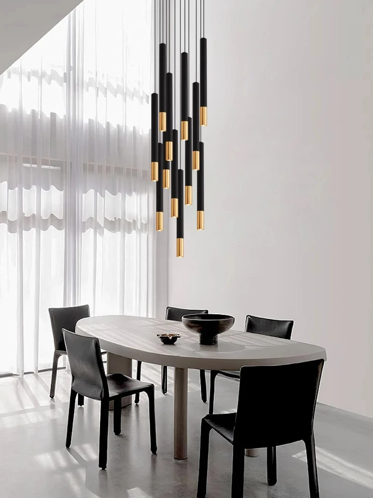 Black and Gold Long Chandelier LED Strip Tubular Living Room Chandelier Indoor Lighting Restaurant Staircase Modern Chandelier