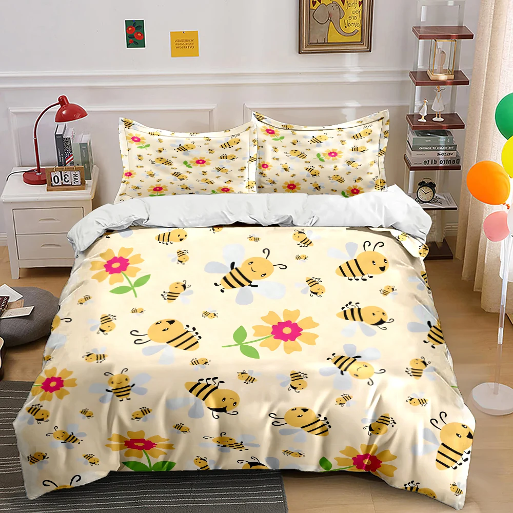 Bettwäsche-Set mit Cartoon-Bienen und Blumen-Hintergrund, 1 Bettbezug, 2 Kissenbezüge für Erwachsene und Kinder, Luxus-Geschenk, volle Größe