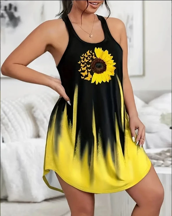 2024 Summer Women's Sunflower Butterfly Print Curve, Casual Halter Plus-size Mid-stretch dress