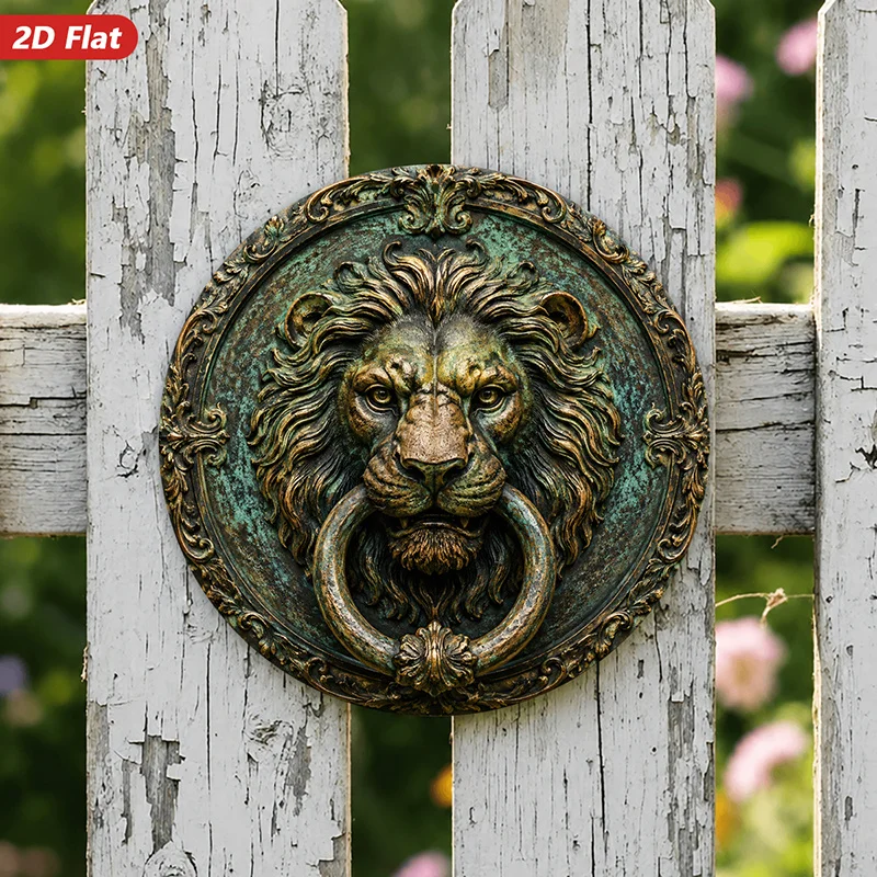 2D Flat, 1pc Lion Head Medallion Round Metal Sign Wall Art, Ornate Lion Face, Vintage Texture, Large Door Knocker, Perfect for S