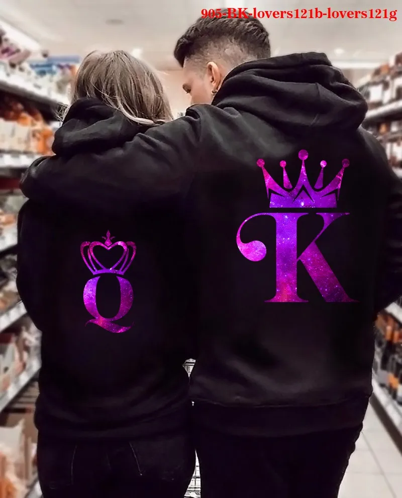 Winter Hooded Pullover Tops Hoody Long Sleeve Couple Clothing KING Queen Crown Printing Women Hoodies Sweatshirt for Lovers