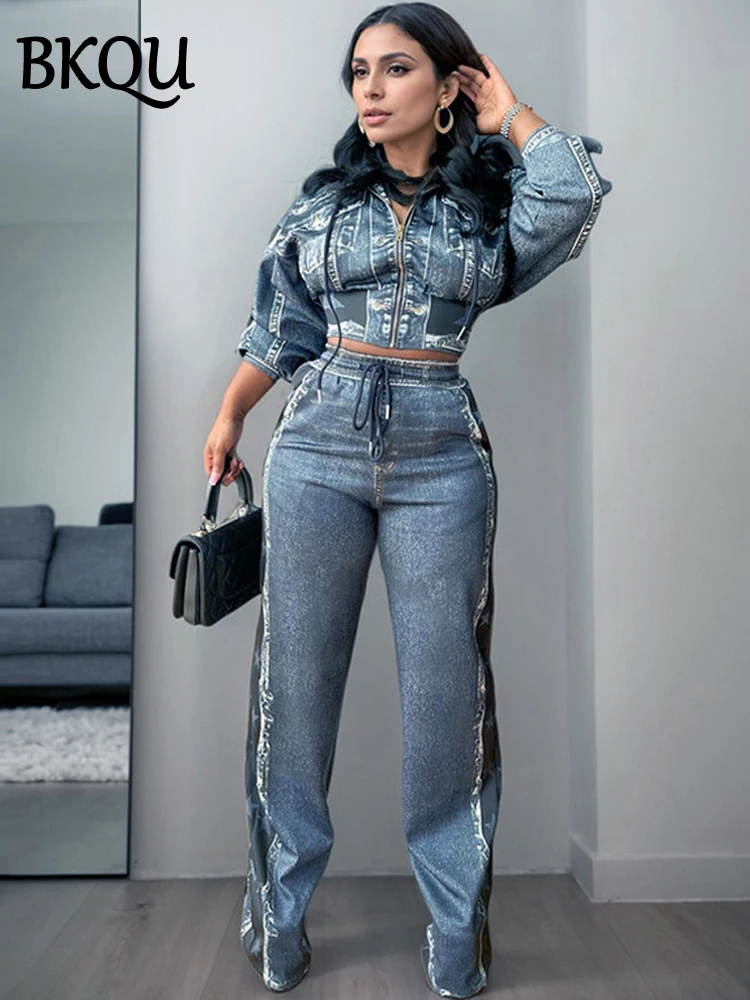 

BKQU Printed Fake Denim Women Pants Suit Hooded Cardigan Zipper Jacket and Wide Leg Pants Two Piece Sets Fashion Retro Outfits