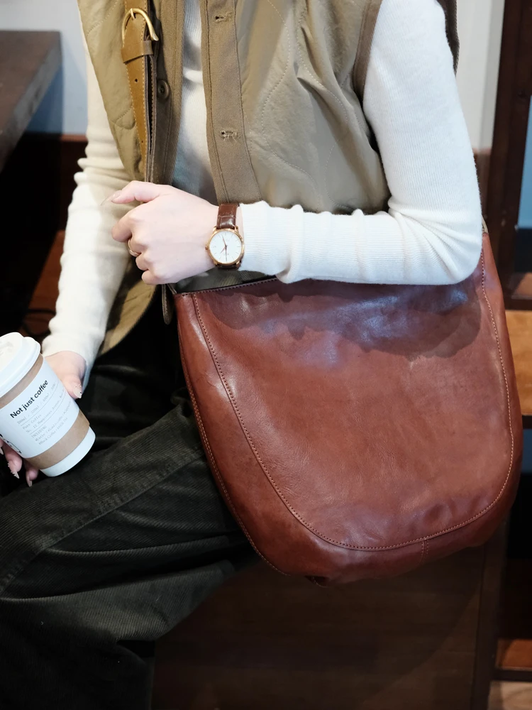 

Designer handmade top layer cowhide women shoulder bag simple vintage luxury genuine leather ladies large capacity crossbody bag