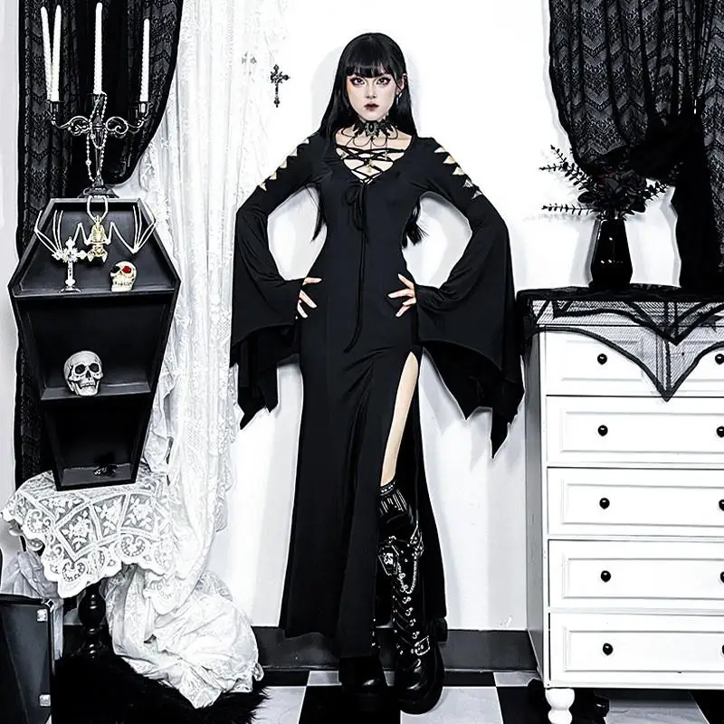 Loween Sexy Slim Fit Witch Dr cintura alta Bat Sve Color puro KTV vestido de noche para ocasiones especiales de mujer