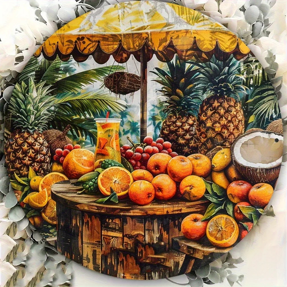 Decoración de pared de metal con fiesta de frutas tropicales vintage, letrero de fiesta retro con piña, naranja coco, arte de aluminio