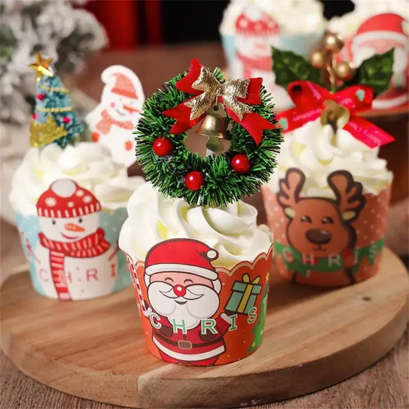 50PCS Christmas Cupcake Wrapper Santa Claus Snowman Elk Cake Cups Disposable Oven Air Fryer Baking Liner Christmas Party Decor