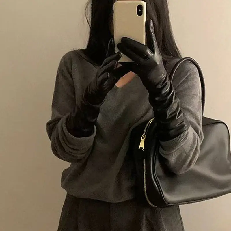 Women 39cm Long Black PU Leather Gloves Cosplay Stage Performance Fashion Winter Keep Warm Velvet Lining Windproof Mittens