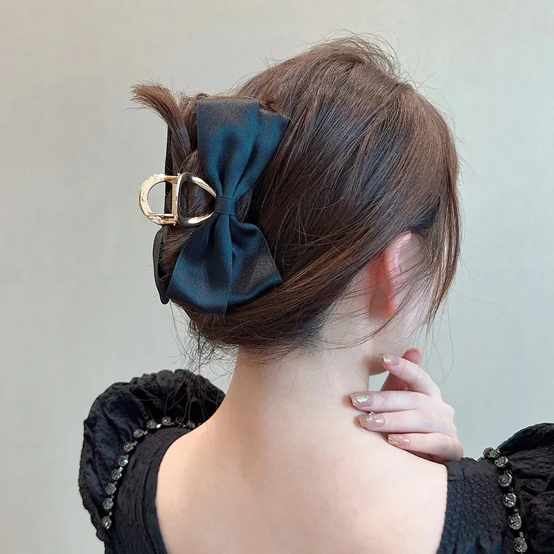 Black Satin Bow Clip WOMEN\'S Summer Headwear Simple Temperament Hair Clip Back of the Head Shark Clip