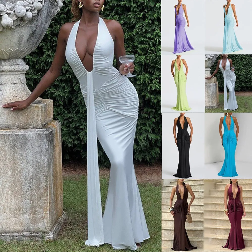 Women's Elegant Backless High Waist Sleeveless Solid Color Wrap Bodycon Cowl Neck Maxi Dress for Wedding Guest Party Prom