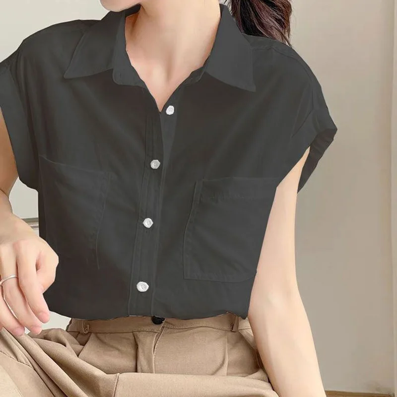 Pocket Patchwork Office Blouse Summer New Polo Neck Short Sleeve Solid Color All-match Shirt Tops Casual Fashion Women Clothing