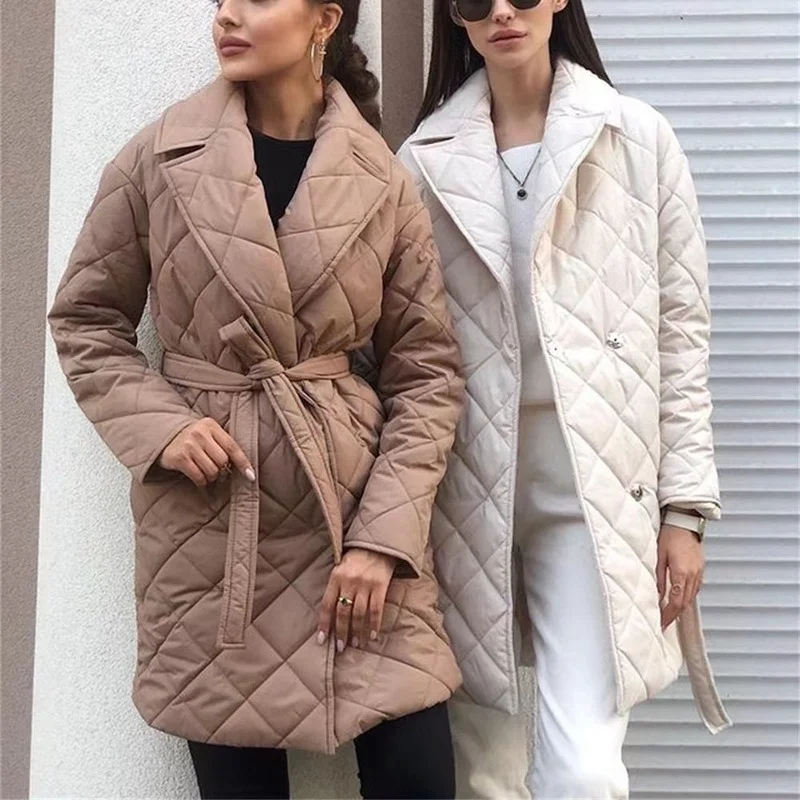 Padded Long Parka Women\'s Winter 2022 Jacket Casual Turn Down Collar Belt Straight Overcoat Office Lady Outwear Woman Clothes