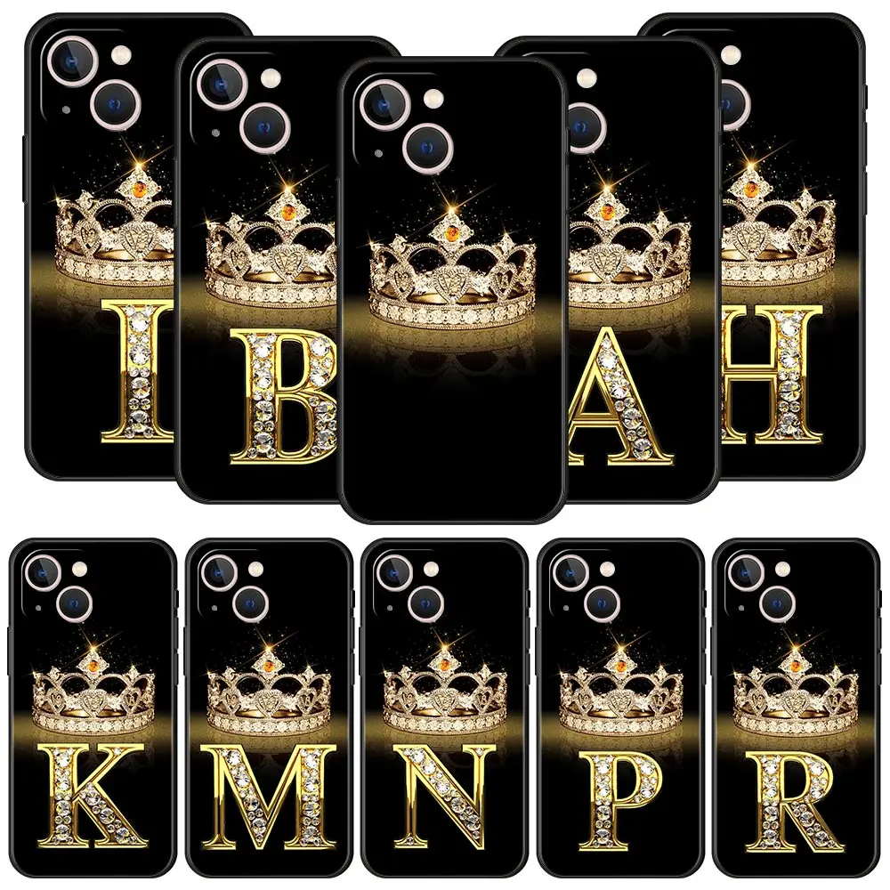 Capa de telefone para iphone 16 15 14 13 12 11 pro max xs xr se 7 8 plus silicone macio capa preta diamante coroa carta 26 letras