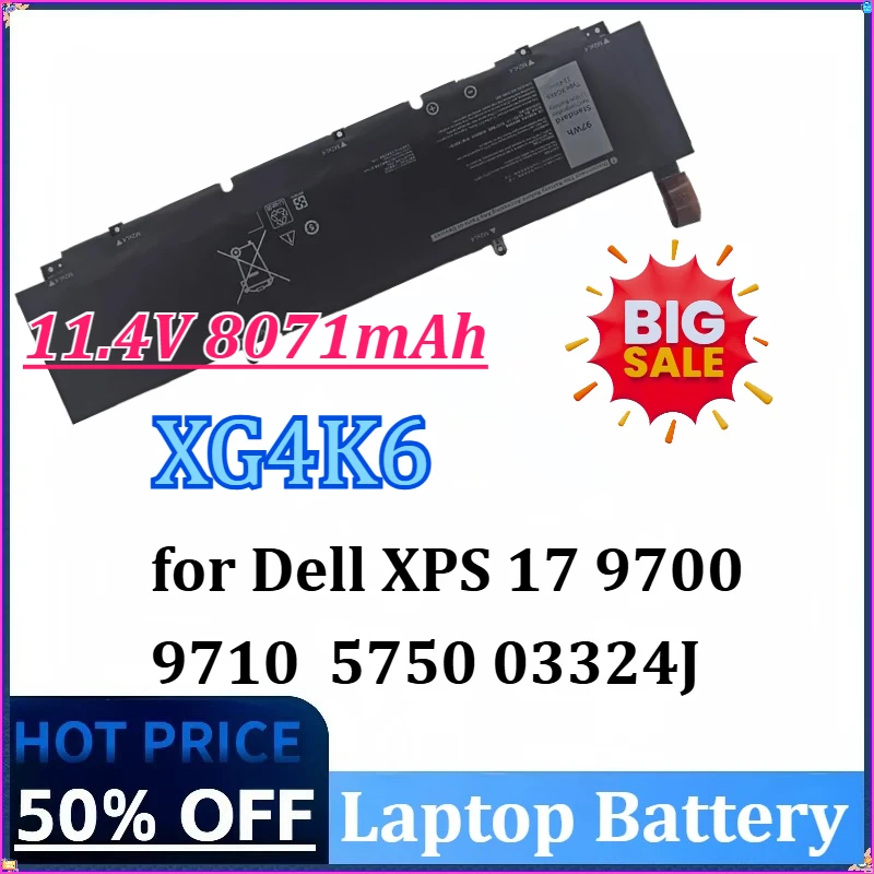 

New XG4K6 11.4V 97Wh 8071mAh 01RR3 F8CPG 0F8CPG Laptop Battery for Dell XPS 17 9700 97105750 03324J High-Capacity