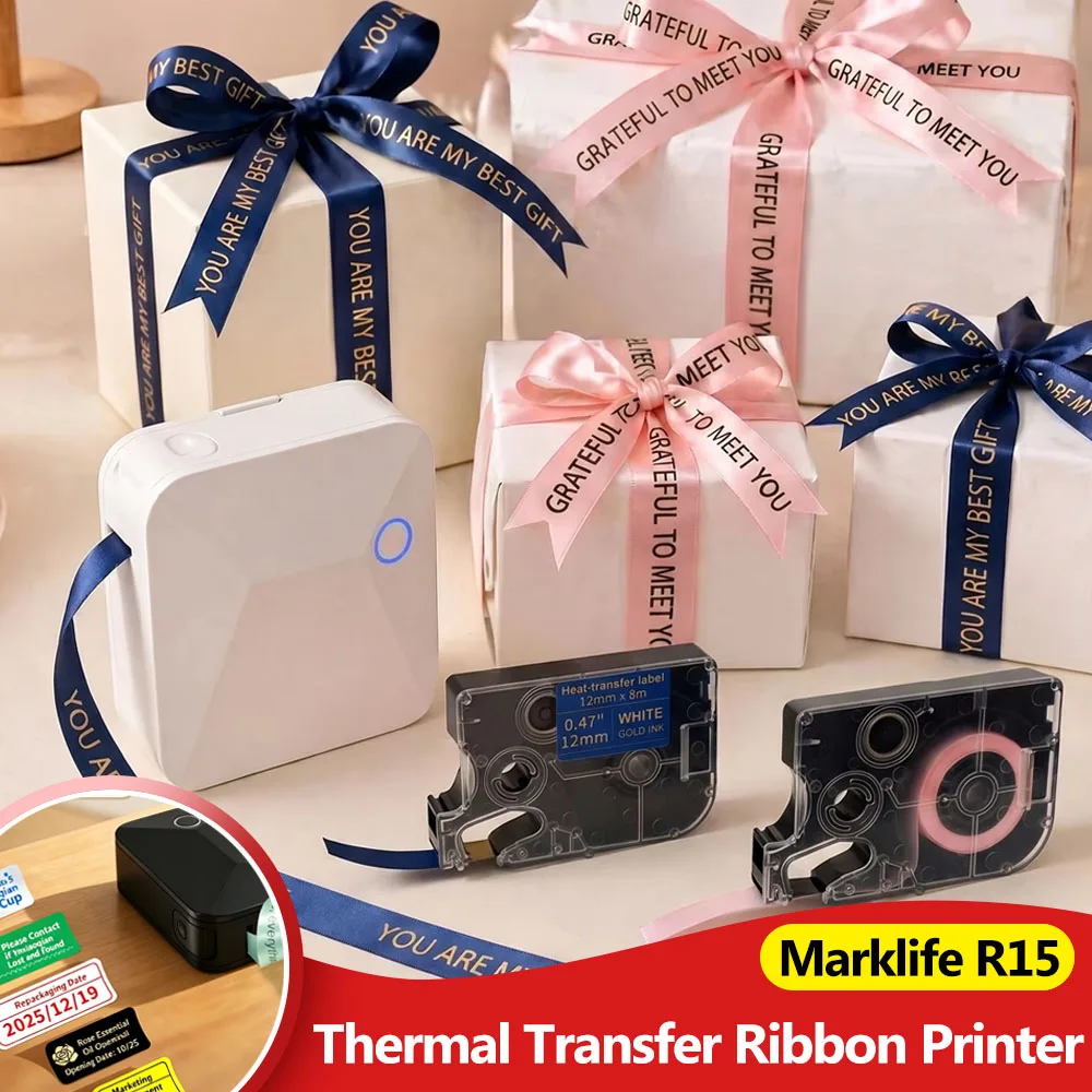 Marklife R15 Thermal Transfer Label Printer Mini Satin Ribbon Printer Bluetooth Portable Printer for Gift Wrapping DIY Crafts