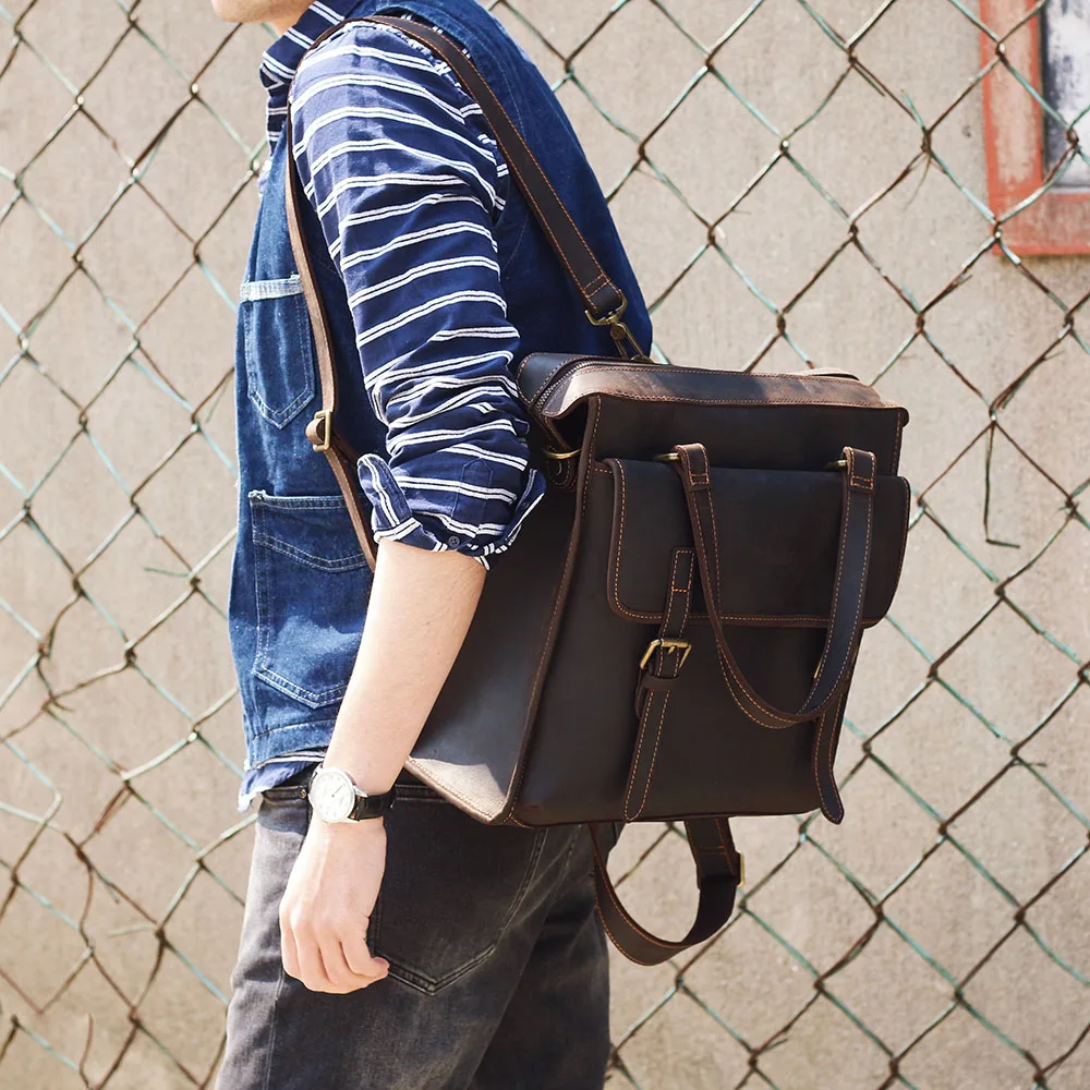 S.WORKER Vintage Echtleder Laptop-Rucksack Herren Casual Schultasche Crazy Horse Rindsleder Tasche Aktentasche Umhängetasche – Detail 4