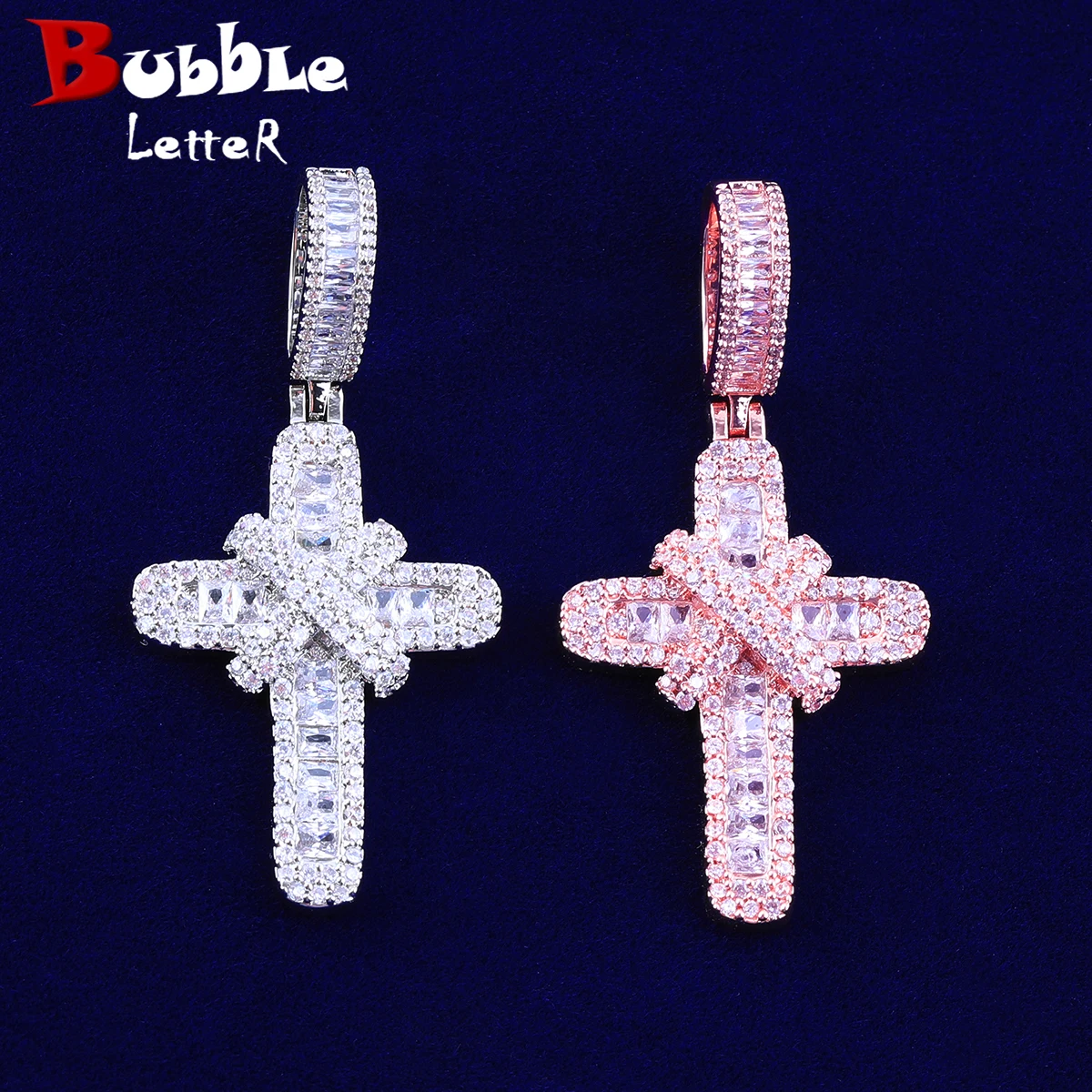 Bubble Letter Iced out Cross Necklace Pendant for Women Real Copper Gold Plated Hip Hop Jewelry