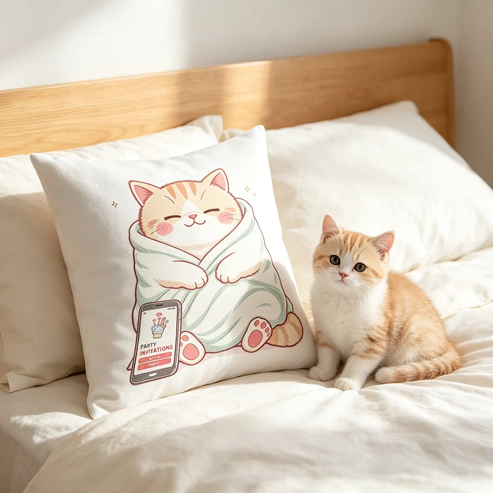 1PC Throw Pillow Cover,Cute Cat In Bathrobe Print,Kawaii Cartoon Style,For Sofa Bedroom Couch Home Decor